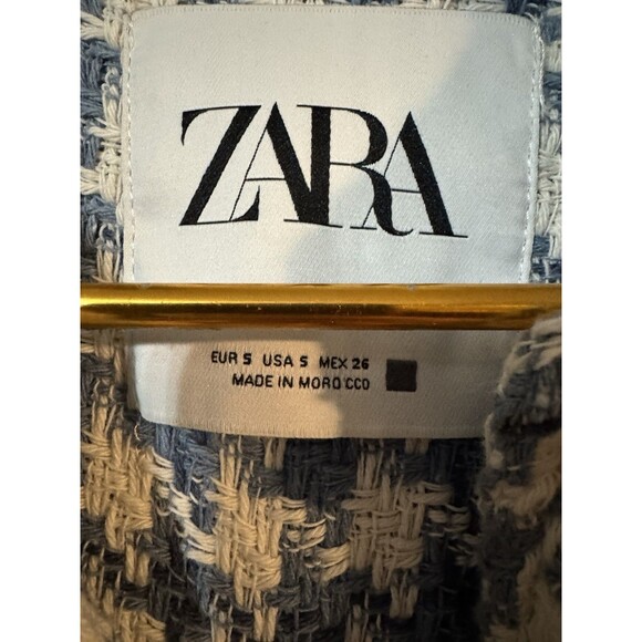 Zara Women's Size S White Blue Tweed Faux Pearl Button Blazer Jacket - Picture 3 of 8